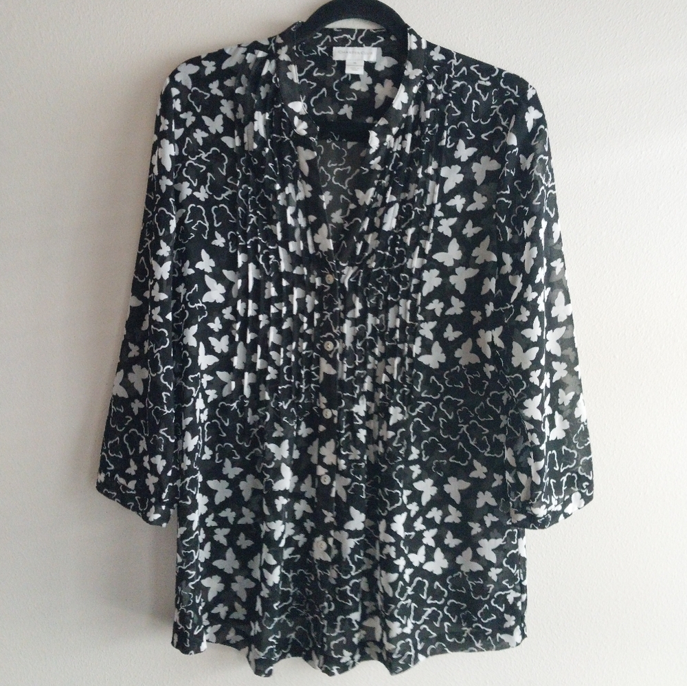 Charter Club Black & White Butterfly Print Semi Sheer 3/4 Sleeve Blouse